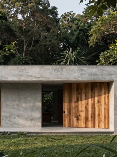 Wide architectural photograph of a minimalist luxury concrete and wood estate integrated into a lush forest, soft afternoon daylight, Hasselblad 80mm