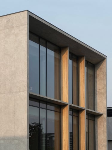 Minimalist facade of LV 31 building, clean geometric lines, glass panels reflecting soft afternoon sky