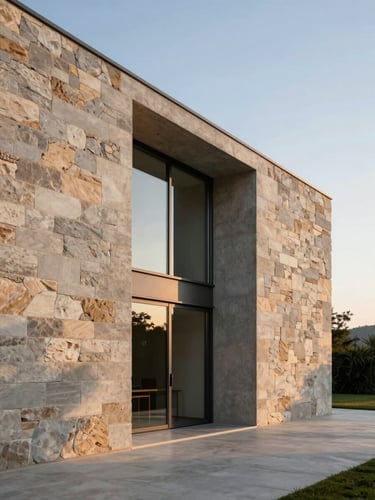 Exterior of Casa Pedra, solid stone walls contrasting with sleek glass and steel, sunset light