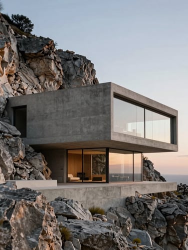 Wide-angle architectural photography of a brutalist luxury villa integrated into a rocky cliffside, raw concrete and textured stone walls, floor-to-ceiling glass, soft sunset light, Hasselblad 80mm style