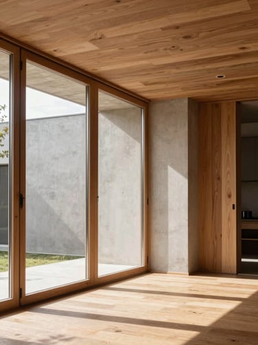 Interior of Casa Nor, warm wood tones, natural light pouring through floor-to-ceiling windows
