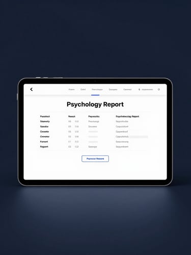 Minimalist studio photography, a clean UI mockup of a diagnostic psychological report on a sleek tablet, dramatic spotlight casting deep shadows, cool blue and dark slate tones, sharp focus