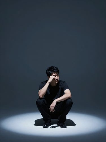 Minimalist studio photography, dramatic spotlight on a professional in quiet introspection, cool blue and dark slate tones, sharp focus.