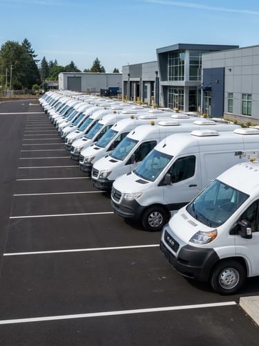 A modern fleet of white utility vehicles parked in a structured row under bright daylight, clean asphalt, professional municipal logistics environment.