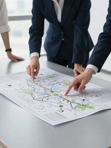 Crisp corporate photography of a structured office operation, bright daylight, a technical map spread on a slate gray table, professionals reviewing logistics.