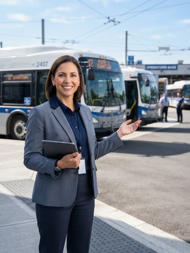 A professional transit operations director in a clean slate-gray uniform standing in front of a modern municipal bus fleet, bright daylight, sharp focus, crisp corporate photography