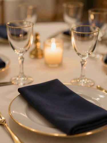 Close-up macro shot of elegant wedding table settings, gold-trimmed glassware, soft candlelight, silk napkins, warm editorial photography style
