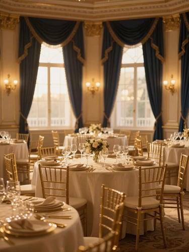Cinematic wide shot of a grand luxury ballroom setup, warm golden-hour ambient lighting reflecting on gold accents, deep navy drapery, elegant table settings, shallow depth of field