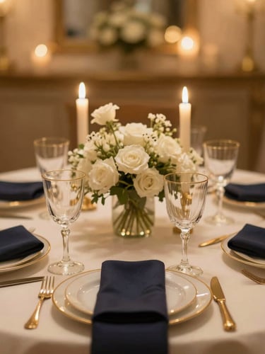 Elegant portrait shot focusing on a luxury table setting, soft candlelit interior lighting, gold-rimmed glassware, silk napkins, delicate white floral centerpieces, shallow depth of field, warm golden tones, 35mm.