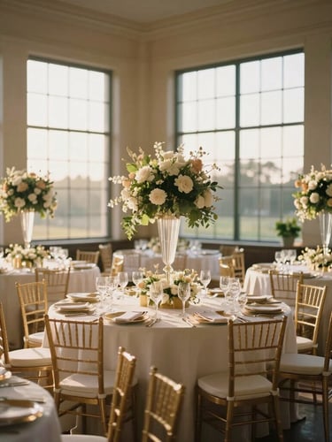 Cinematic wide shot of a grand wedding venue setup, soft golden-hour sunlight filtering through tall windows, floral installations, elegant table settings with gold accents, 35mm