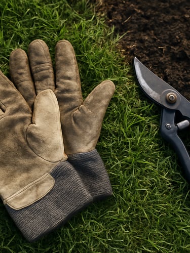 Close overhead shot of a pair of work gloves resting on freshly cut grass beside a pruning tool, damp soil visible at the edge of a clean garden bed, soft natural daylight, no people in frame