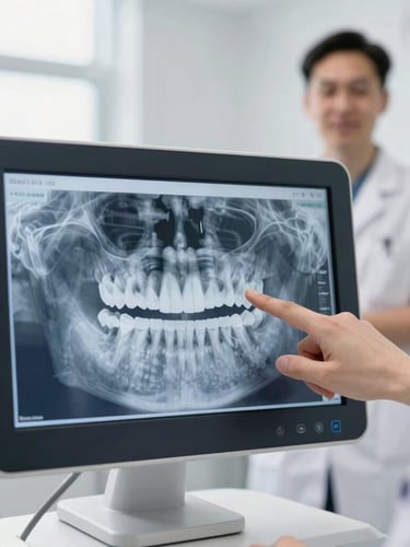 Macro shot of a high-resolution digital dental diagnostic screen displaying clean 3D imagery, warm professional dentist pointing to the screen in the background, soft studio lighting, shallow depth of field.