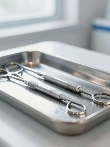 Close-up of pristine medical dental instruments resting on a sterile steel tray inside a modern, brightly lit clinical environment, soft daylight
