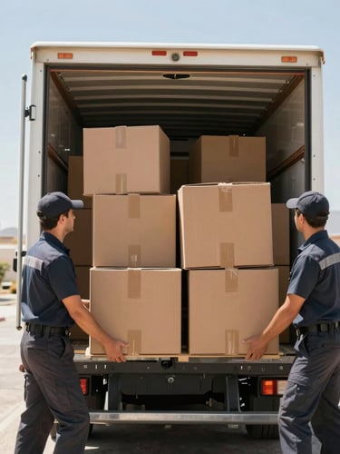 Medium-wide shot of professional uniformed movers carefully loading heavy-duty cardboard crates into a clean closed moving truck, bright desert daylight.