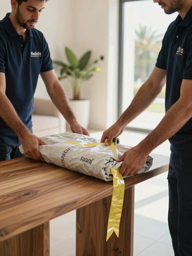 Close-up shot of professional uniformed movers in navy blue uniforms wrapping a wooden console table with thick protective blankets and heavy-duty tape, bright natural daylight, Khalifa City villa interior background.