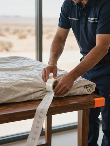 A professional uniformed mover in deep navy blue carefully wrapping a luxury wooden console table with thick protective blankets and orange corner guards, bright natural desert daylight streaming through a window, medium close-up focused on hands securing the heavy-duty tape.
