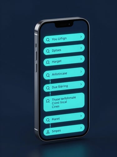 Sleek 3D digital render of a mobile chat interface displaying structured data flow, cool-toned ambient cyan lighting, high-tech aesthetic