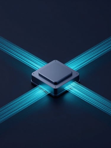 Sleek 3D digital render of cyan data streams flowing into a central server node, isometric view, dark navy background, premium tech aesthetic.