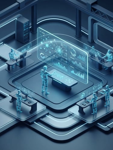 Sleek 3D digital render of an AI agent interface with clean data visualization dashboards, cool-toned ambient studio lighting, deep navy and cyan accents, minimalist high-tech aesthetic, isometric view