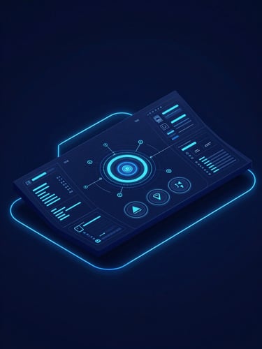 Isometric view of a modern tech dashboard with clean data visualization nodes, deep navy background with glowing blue lines