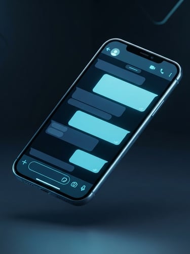 Sleek 3D digital render of a WhatsApp chat interface mockup on a mobile screen, glowing cyan and deep blue accents, high-end tech aesthetic, isometric view