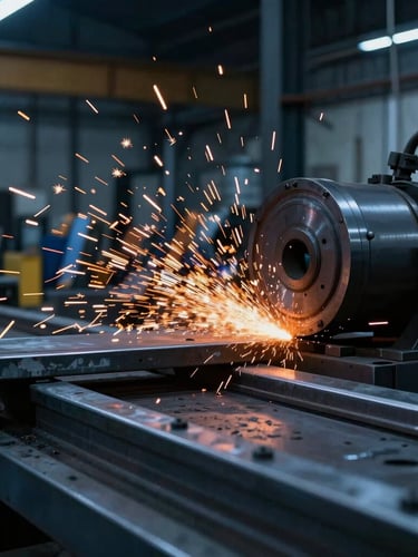 A close-up of industrial metal fabrication with bright orange sparks flying in a dark workshop, high-contrast steel blue tones, dramatic editorial photography