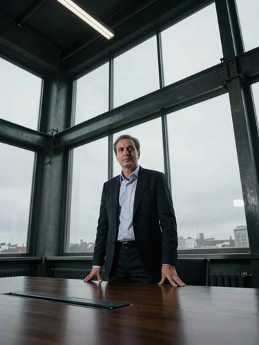 Low-angle authoritative portrait of CEO Süleyman Eynulla in a modern steel-framed industrial boardroom, dramatic overcast daylight filtering through massive windows, high-contrast industrial editorial style, 35mm