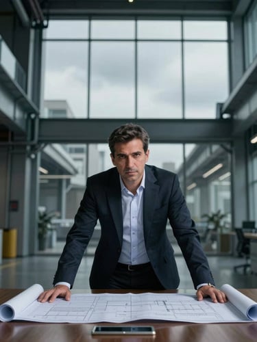 Authoritative medium shot of CEO Süleyman Eynulla in a modern industrial boardroom, serious expression, blueprints on table, dramatic overcast window light, 35mm