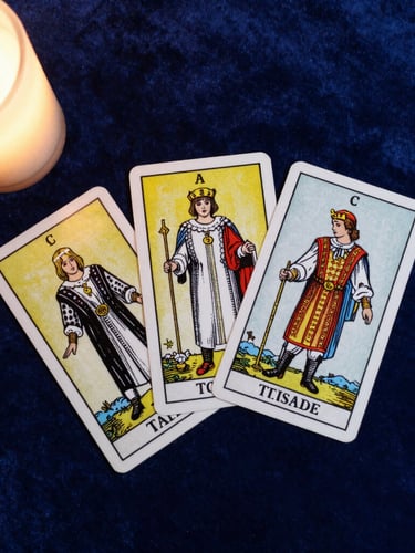 Overhead flat-lay of three Tarot de Marseille cards resting on deep blue velvet, warm side lighting from a single candle, soft shadows.