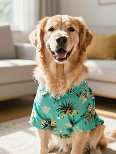 A happy, smiling golden retriever wearing a vibrant teal tropical print shirt, sitting in a bright sunlit living room, bright joyful pet photography, warm natural daylight, vibrant colors, shallow depth of field, 35mm lens