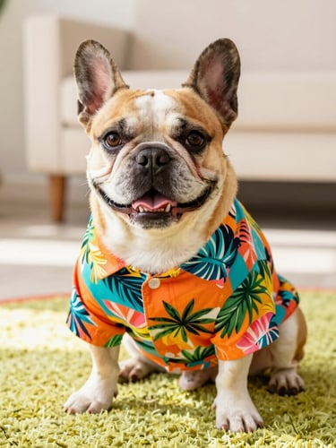 A happy French Bulldog wearing a custom-fit colorful tropical print shirt, sitting comfortably on a bright rug in a sunlit Mexican home, eye-level shot, warm daylight