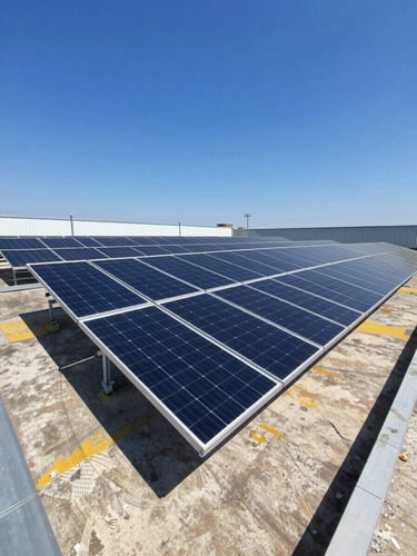 Wide-angle industrial rooftop solar array in bright direct sunlight, sharp shadows, deep blue sky