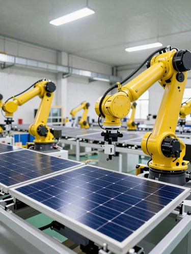 Medium shot of a modern industrial solar panel manufacturing facility in India, automated robotic arms assembling monocrystalline cells under bright clean factory lighting, sharp focus.