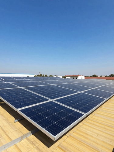 Wide environmental shot of a commercial rooftop solar array in India under bright, direct harsh sunlight, high-contrast deep blue sky, sharp focus
