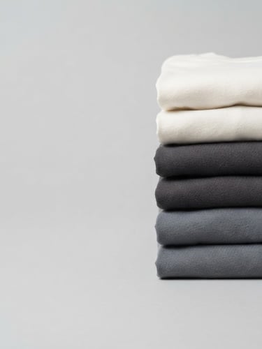 Clean studio shot of a perfectly folded stack of neutral-colored t-shirts (off-white, charcoal, slate) on a light gray surface, bright even lighting, crisp focus, minimalist composition, right third of image bleeding to edge.