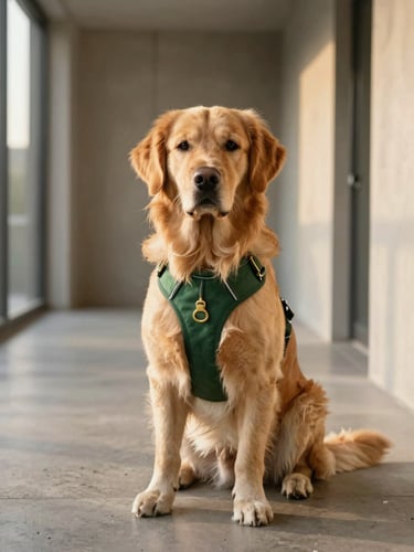 A majestic Golden Retriever sitting calmly in a sunlit, minimalist concrete hallway, wearing a sleek forest green harness with solid brass hardware, warm golden-hour side light, editorial 35mm photography.