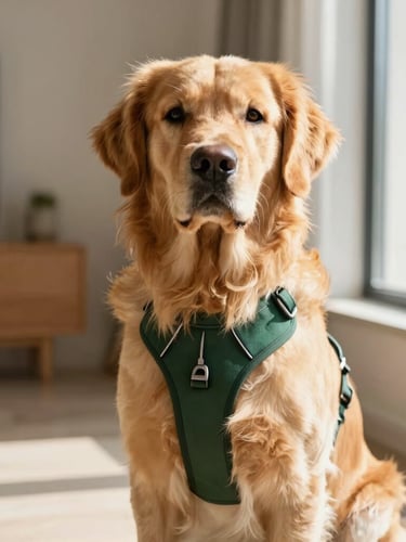 A majestic Golden Retriever sitting calmly in a sunlit modern apartment, wearing a perfectly fitted deep forest green harness, close-up shot, warm window light, 35mm lens.