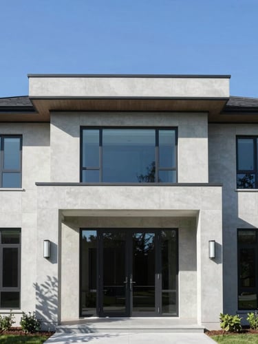 Straight-on architectural elevation of a modern premium Virginia estate, clean concrete and glass lines, bright daylight with deep structured shadows, 35mm lens