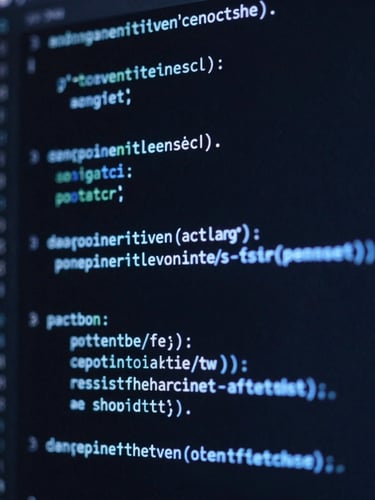 Close-up of clean code on a vertical screen, glowing electric blue syntax highlighting, dark background, sharp focus, dramatic lighting