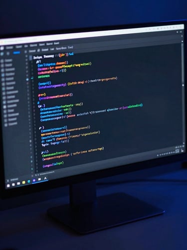 Sleek dark-mode digital workspace, close-up of clean code on a curved monitor, dramatic electric blue screen-glow lighting, ultra-sharp focus, 35mm lens