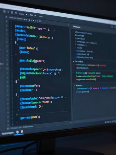 Sleek dark-mode digital workspace, close-up of code on a vertical monitor with electric blue glow, dramatic low-key lighting, sharp focus, 35mm lens