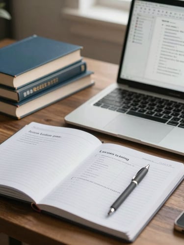 A daylight-filled professional study desk with physical books, a structured lesson plan notebook, and a modern laptop showing a clean digital whiteboard diagram