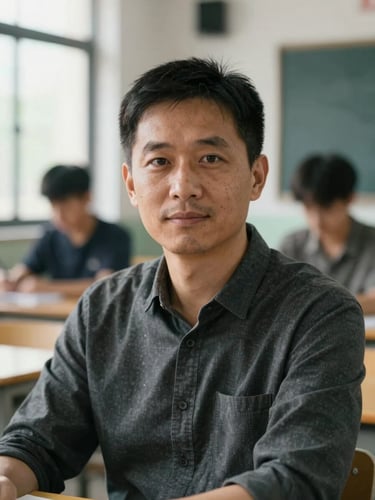 Medium-close portrait of a professional instructor in a daylight-filled study, direct eye contact, confident and approachable expression.