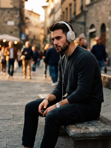 Thoughtful man listening to headphones in an urban setting at golden hour, dramatic shadows, shallow depth of field, wearing minimalist apparel, cinematic wide shot.