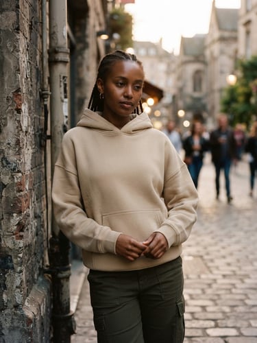 A diverse model, contemplative, wearing a premium beige hoodie, standing in an urban setting with soft, dramatic natural light, shallow depth of field, 35mm, portrait aspect.