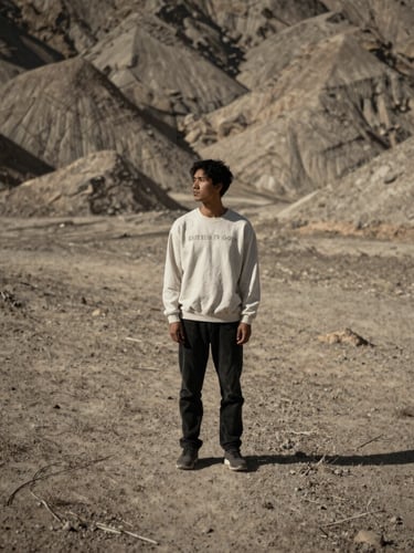 A solitary figure in a raw natural landscape, contemplative pose, wearing Letters to God apparel, dramatic natural light, warm neutral tones, cinematic wide shot, shallow depth of field, 35mm.