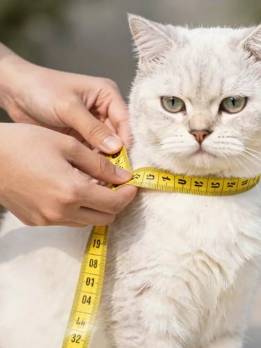 Close-up of human hands gently wrapping a yellow measuring tape around the chest of a fluffy white cat, warm editorial pet photography, bright daylight, 35mm
