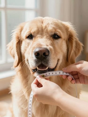 Close-up of hands gently measuring a golden retriever with a soft tape, warm home environment, daylight filtering through a window