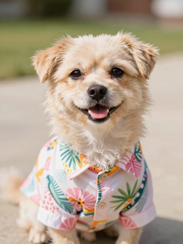 A happy small dog wearing a colorful handmade Hawaiian shirt, looking directly at the camera, warm natural daylight, shallow depth of field