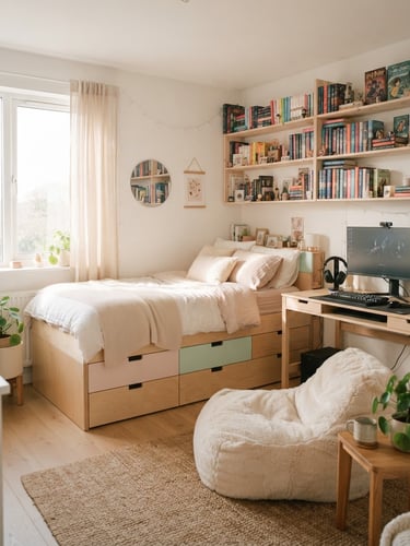 Sunlit teen bedroom, pastel wood storage bed with integrated drawers, gaming desk with monitor, floating bookshelves filled with colorful novels, soft faux fur bean bag lounger, medium-wide environmental shot, soft morning light, light wood textures, Scandinavian-inspired minimalism.